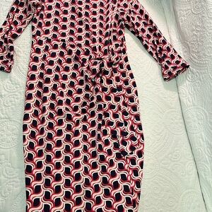 Talbots Dress Geometric Print Tie-Waist Dress - Navy, Red & White